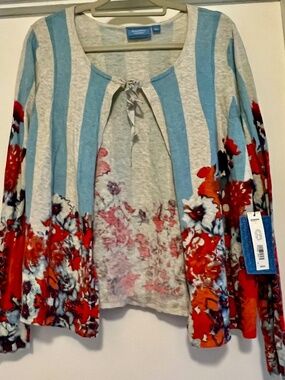 NWT! Vera Wang Open Cardigan Sweater (L) ~ 100% Soft cotton, Floral & Stripe